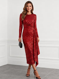 Sheath Cocktail Dresses Sparkling Party Dress Long Sleeve Knee-Length Sequin With Side Drape