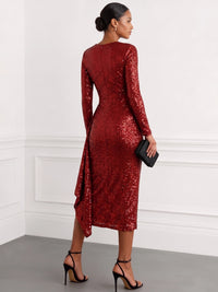 Sheath Cocktail Dresses Sparkling Party Dress Long Sleeve Knee-Length Sequin With Side Drape