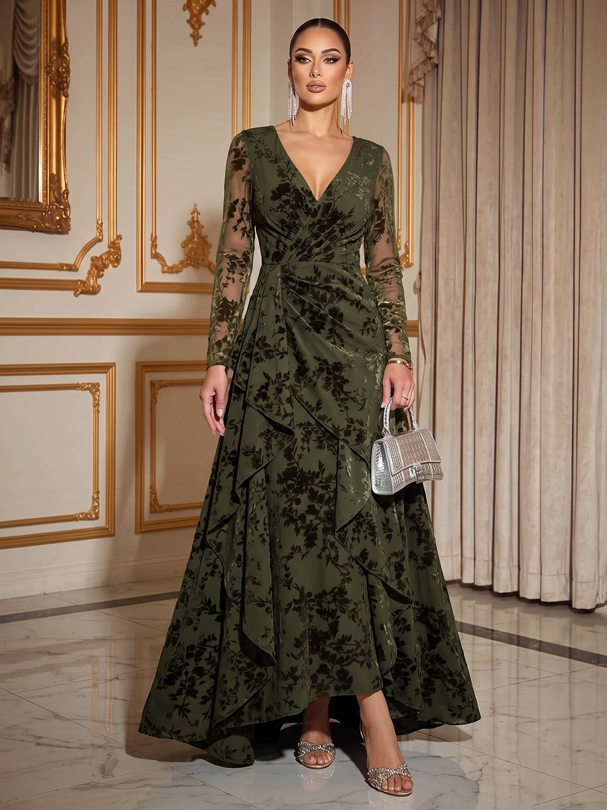 A-Line Evening Dresses V Neck Christmas Long Sleeves Runched Embroidery Green Formal Wedding Guest Dress With Ruffles