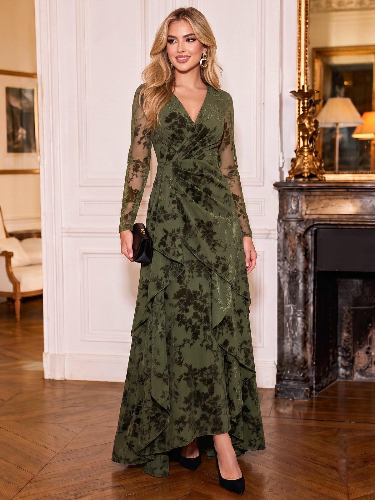 A-Line Evening Dresses V Neck Christmas Long Sleeves Runched Embroidery Green Formal Wedding Guest Dress With Ruffles