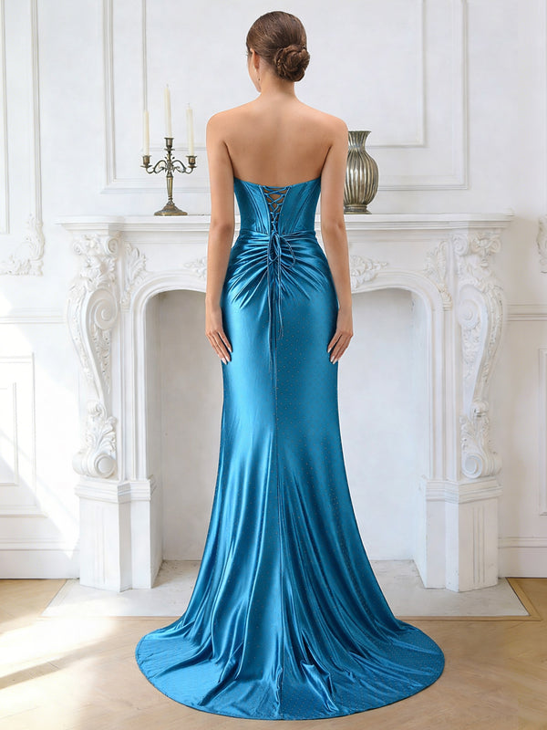 Trumpet/Mermaid Long Prom Dresses Satin Evening Dresses Sweetheart Sleeveless Floor-length Front Split Formal Dresses With Pleats&Corset