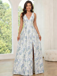 A-Line Prom Dress Elegant Jacquard Floral Prom Dress Floor Length Sleeveless V-Neck with Pocket&Split Wedding Guest Dress