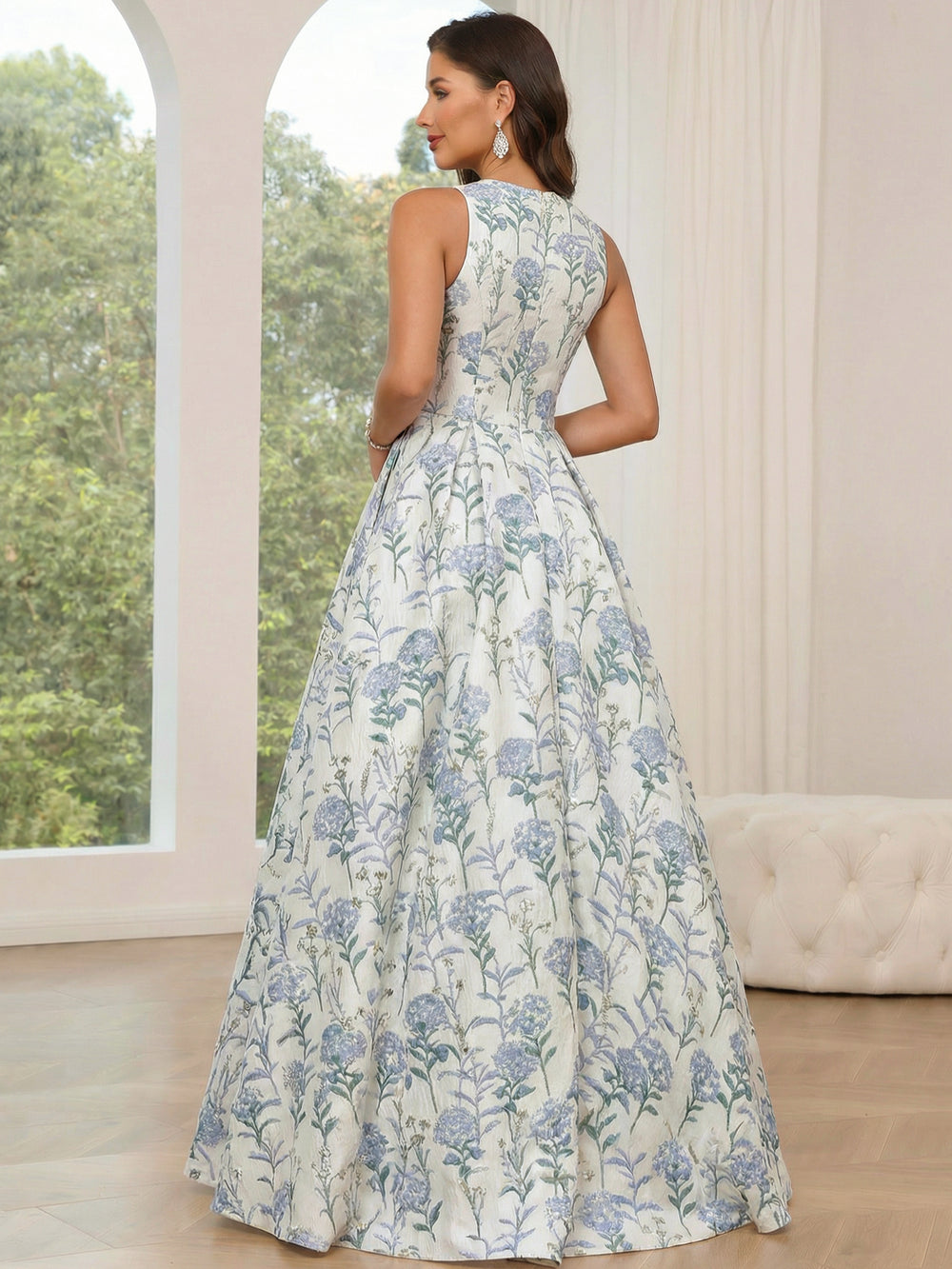 A-Line Prom Dress Elegant Jacquard Floral Prom Dress Floor Length Sleeveless V-Neck with Pocket&Split Wedding Guest Dress