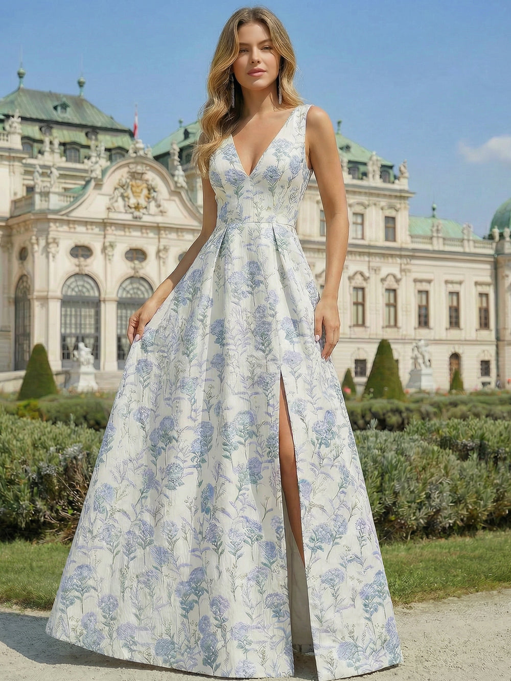 A-Line Prom Dress Elegant Jacquard Floral Prom Dress Floor Length Sleeveless V-Neck with Pocket&Split Wedding Guest Dress