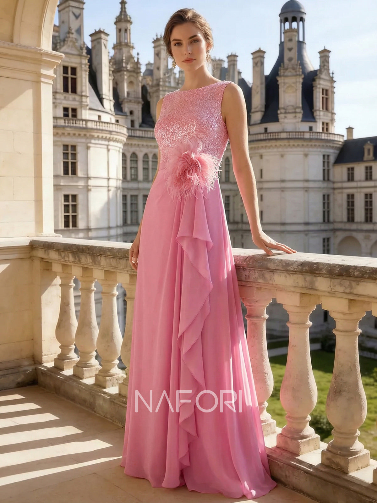 Nafori Pink A-Line/Princess Evening Dresses Pink Corset Boat Neck Sleeveless Floor Length with RhinestoneS 2026