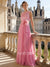 A-Line/Princess Evening Dresses Pink Corset Boat Neck Sleeveless Floor Length with RhinestoneS