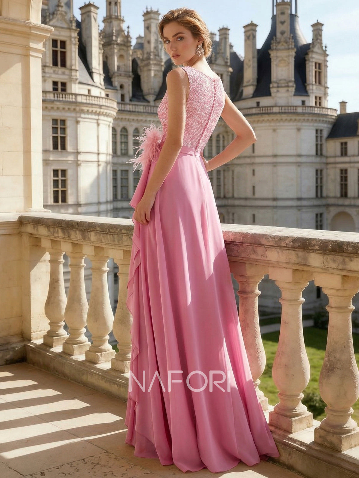 Nafori Pink A-Line/Princess Evening Dresses Pink Corset Boat Neck Sleeveless Floor Length with RhinestoneS 2026