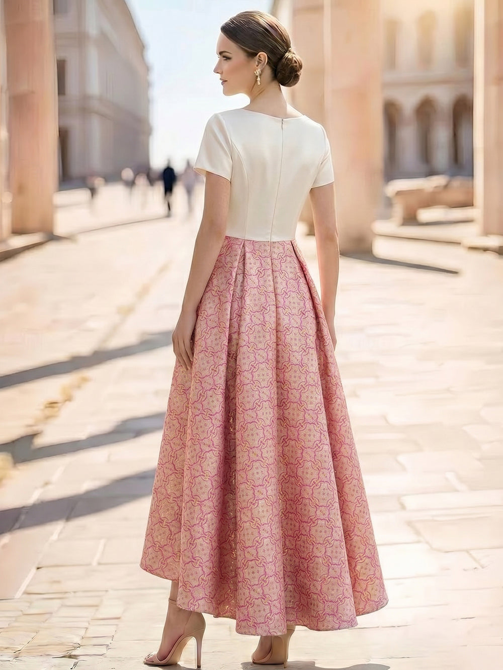 A-Line Cocktail Dress High-low Party Dresses Short Sleeves Scoop With Large fabric rose on waist Jacquard Pattern