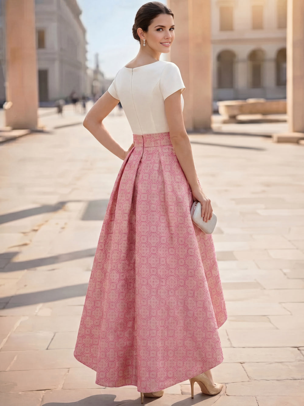 A-Line Cocktail Dress High-low Party Dresses Short Sleeves Scoop With Large fabric rose on waist Jacquard Pattern