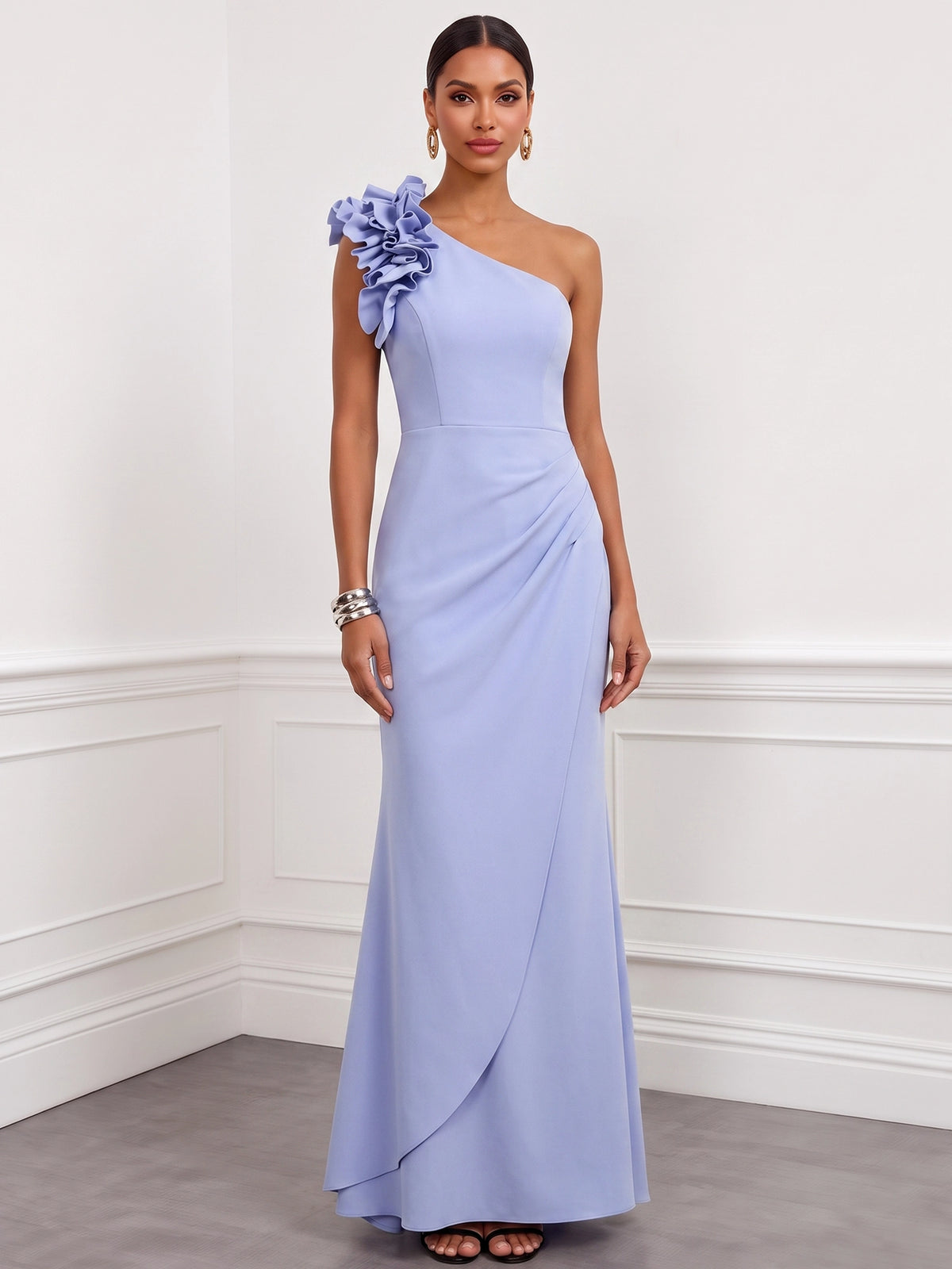 Sheath/Column Evening Dresses Ruched Satin One-Shoulder With 3D Flower Sleeveless Floor-Length Boning Summer