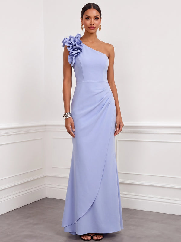 Sheath/Column Evening Dresses Ruched Satin One-Shoulder With 3D Flower Sleeveless Floor-Length Boning Summer
