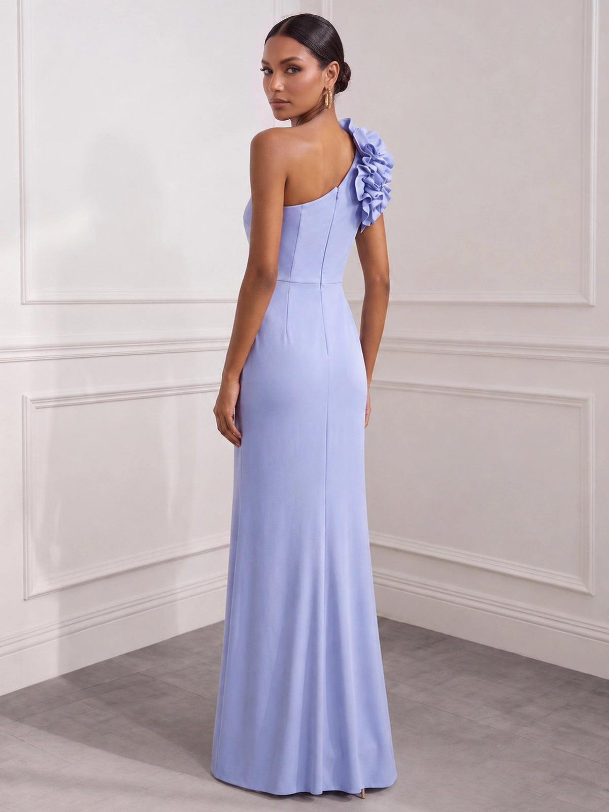 Sheath/Column Evening Dresses Ruched Satin One-Shoulder With 3D Flower Sleeveless Floor-Length Boning Summer