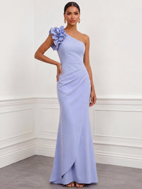 Sheath/Column Evening Dresses Ruched Satin One-Shoulder With 3D Flower Sleeveless Floor-Length Boning Summer