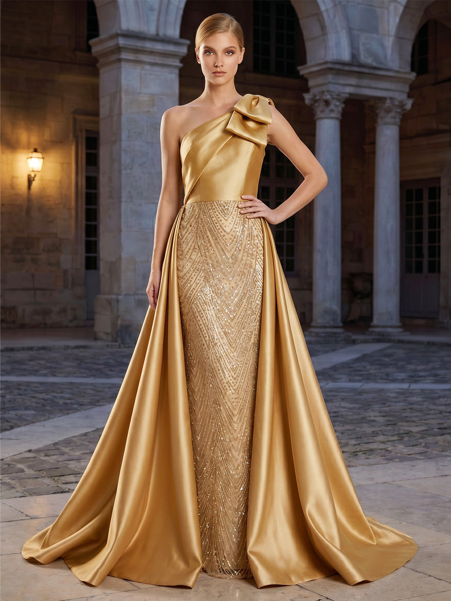 Sheath/Column Evening Dresses Elegant Sequins Satin Floor-Length Sleeveless One-Shoulder With Bow Overskirt Zipper Formal Dresses