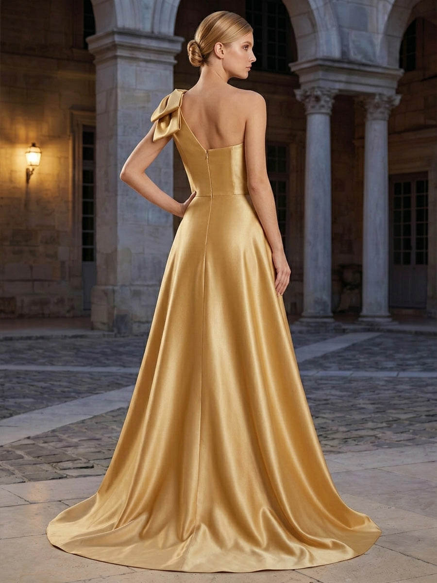 Sheath/Column Evening Dresses Elegant Sequins Satin Floor-Length Sleeveless One-Shoulder With Bow Overskirt Zipper Formal Dresses