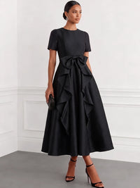 A-Line Cocktail Dress Satin Party Dress Short Sleeves Crew Neck Formal Elegant Dress Ankle Length With Bow