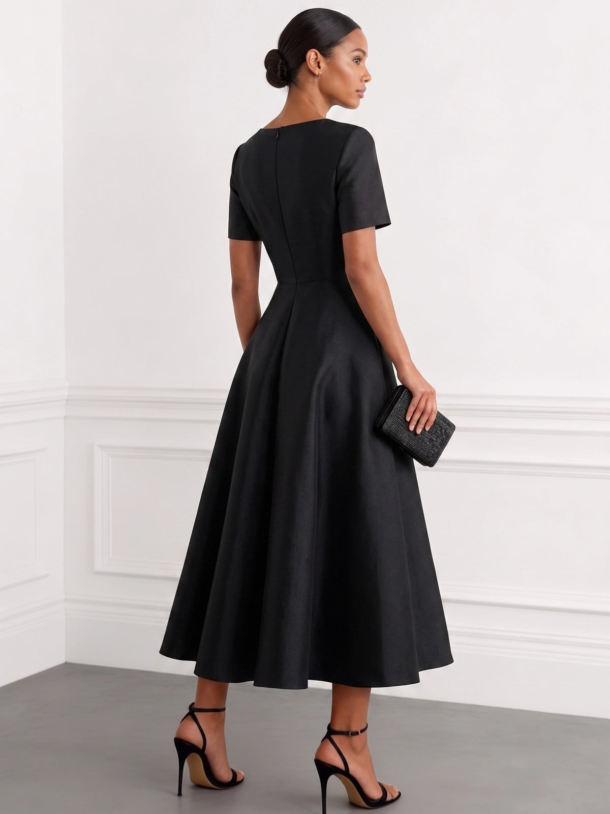A-Line Cocktail Dress Satin Party Dress Short Sleeves Crew Neck Formal Elegant Dress Ankle Length With Bow