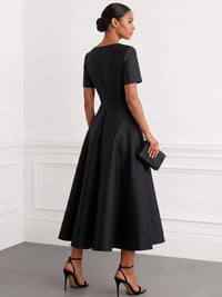 A-Line Cocktail Dress Satin Party Dress Short Sleeves Crew Neck Formal Elegant Dress Ankle Length With Bow