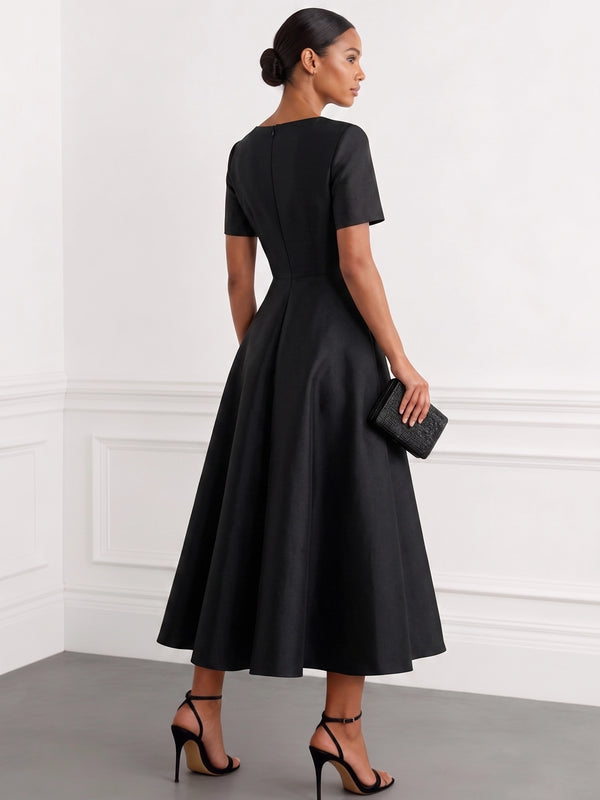 A-Line Cocktail Dress Satin Party Dress Short Sleeves Crew Neck Formal Elegant Dress Ankle Length With Bow