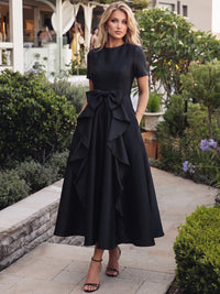 A-Line Cocktail Dress Satin Party Dress Short Sleeves Crew Neck Formal Elegant Dress Ankle Length With Bow