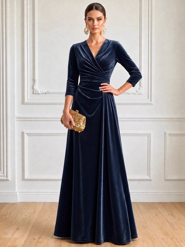 A-Line Velvet Evening Gown Floor Length V Neck Runched Long Sleeves Brown Elegant Formal Wedding Guest Dress