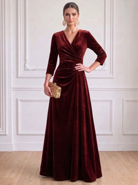美人鱼丝绒晚礼服 圣诞派对 拖地 单肩 长袖 优雅 正式礼服
