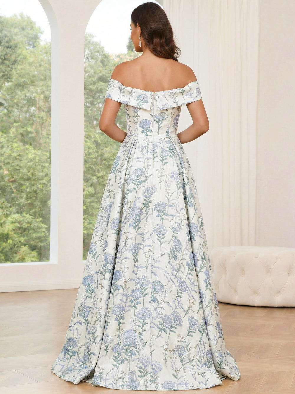 A-Line/Princess Prom Dress Elegant Jacquard Floral Prom Dress Floor Length Sleeveless Off-shoulder with Pockets