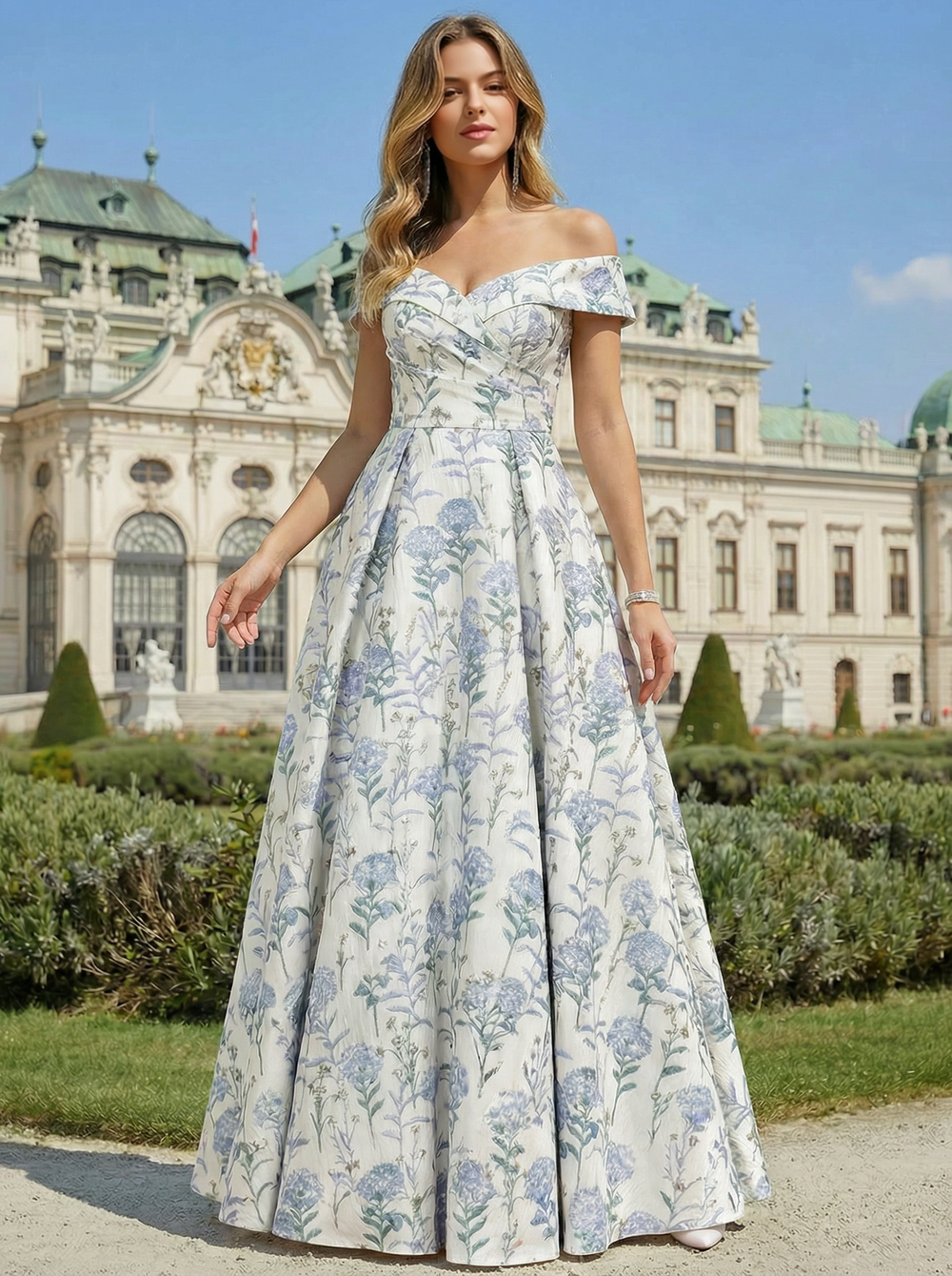 A-Line/Princess Prom Dress Elegant Jacquard Floral Prom Dress Floor Length Sleeveless Off-shoulder with Pockets