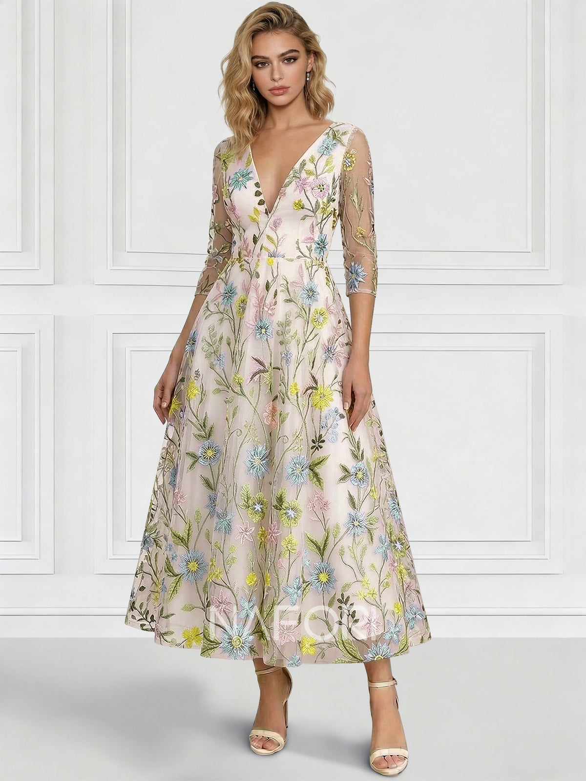 Nafori White A-Line Elegant Cocktail Dress V Neck Tea-Length Floral Embroiery Dress With Long Sleeves 2026