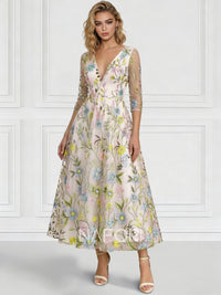 A-Line Elegant Cocktail Dress V Neck Tea-Length Floral Embroiery Dress With Long Sleeves