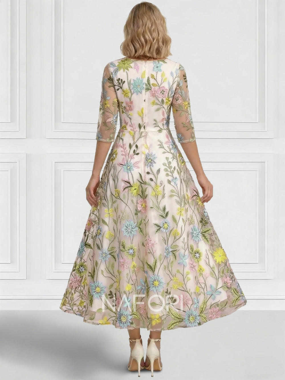 A-Line Elegant Cocktail Dress V Neck Tea-Length Floral Embroiery Dress With Long Sleeves