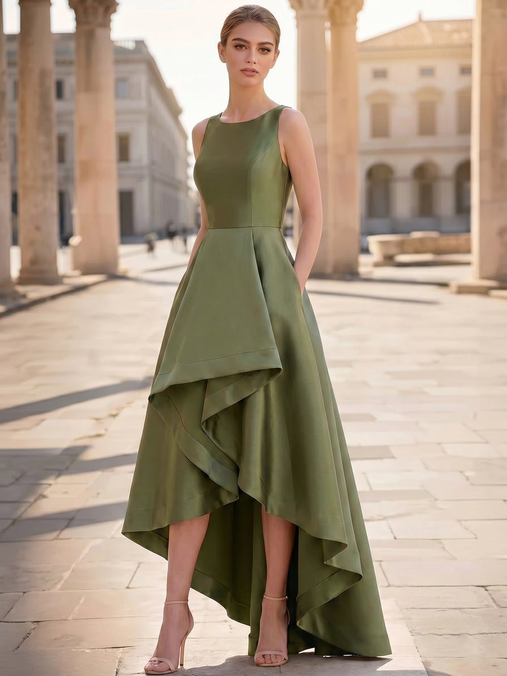 A-Line Cocktail Dress High-Low Dress High Low Tea Length Sleeveless Round Neck with Pleated Pocket Wedding Guest Dress