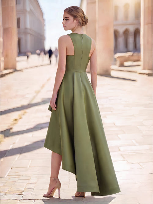 A-Line Cocktail Dress High-Low Dress High Low Tea Length Sleeveless Round Neck with Pleated Pocket Wedding Guest Dress