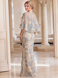 Mermaid Mother Of The Bride Dress Elegant Floral Embroidery Square Neck Floor-Length 1/2 Sleeves Zipper With Capelet Formal Dresses