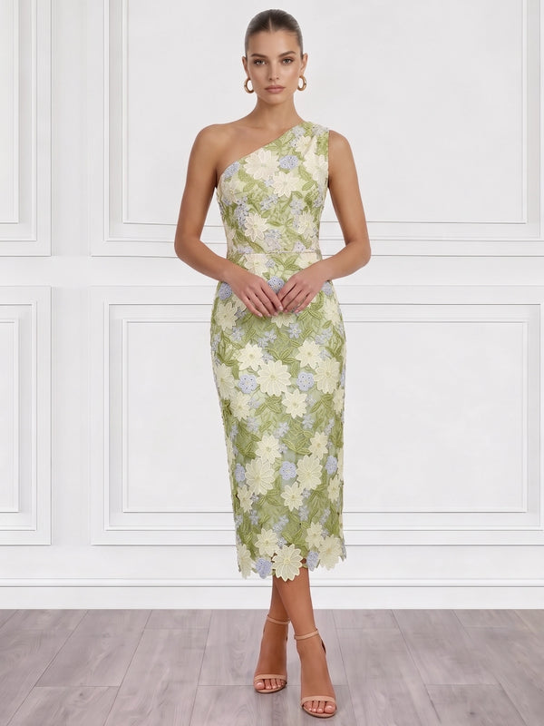 Sheath/Column Cocktail Dresses Elegant Floral Embroidery Tea-Length Sleeveless One Shoulder Zipper Wedding Guest Dresses