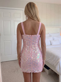 Sheath/Column Homecoming Dresses Sequins Square Neck Sleeveless Short Mini Ruched Side Slit Zipper Party Dresses