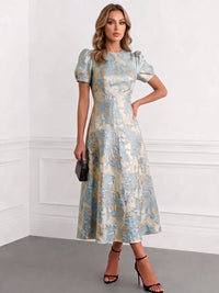 A-Line Cocktail Dress Jacquard Satin Crew Neck Short Sleeves Formal Elegant Dress Ankle-Length Pockets Wedding Guest Dress