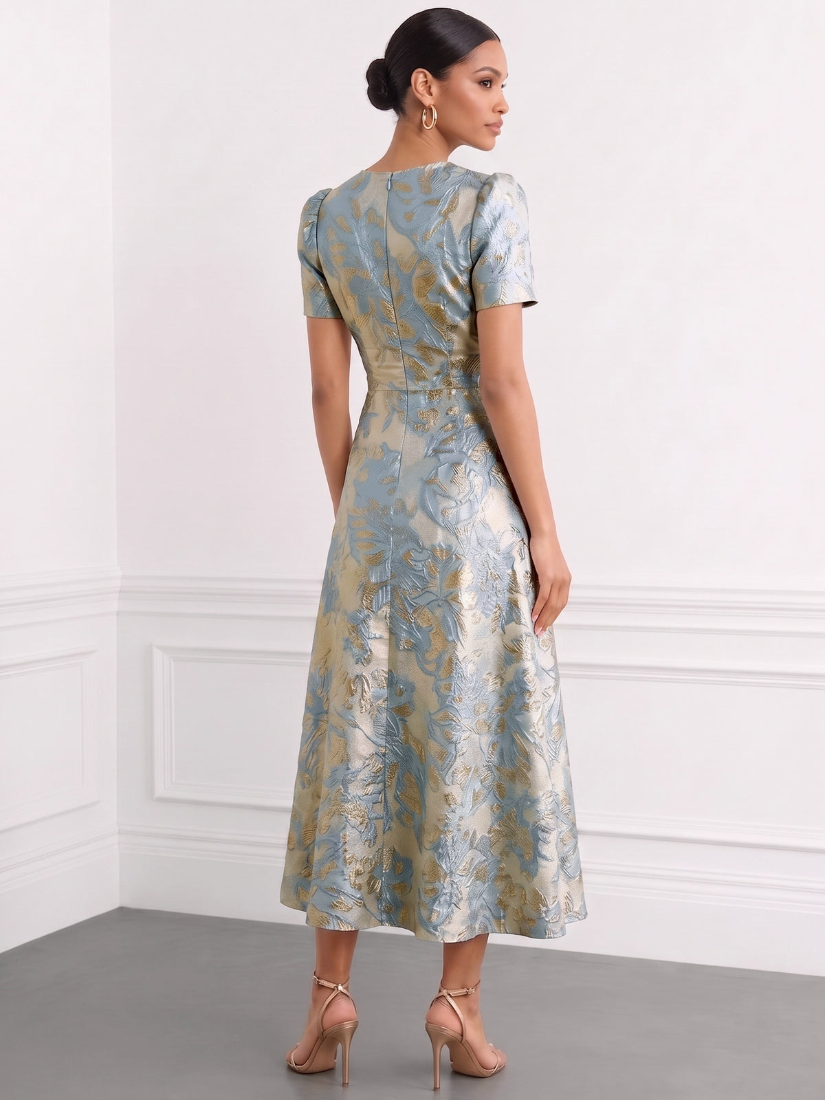 A-Line Cocktail Dress Jacquard Satin Crew Neck Short Sleeves Formal Elegant Dress Ankle-Length Pockets Wedding Guest Dress