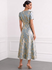 A-Line Cocktail Dress Jacquard Satin Crew Neck Short Sleeves Formal Elegant Dress Ankle-Length Pockets Wedding Guest Dress