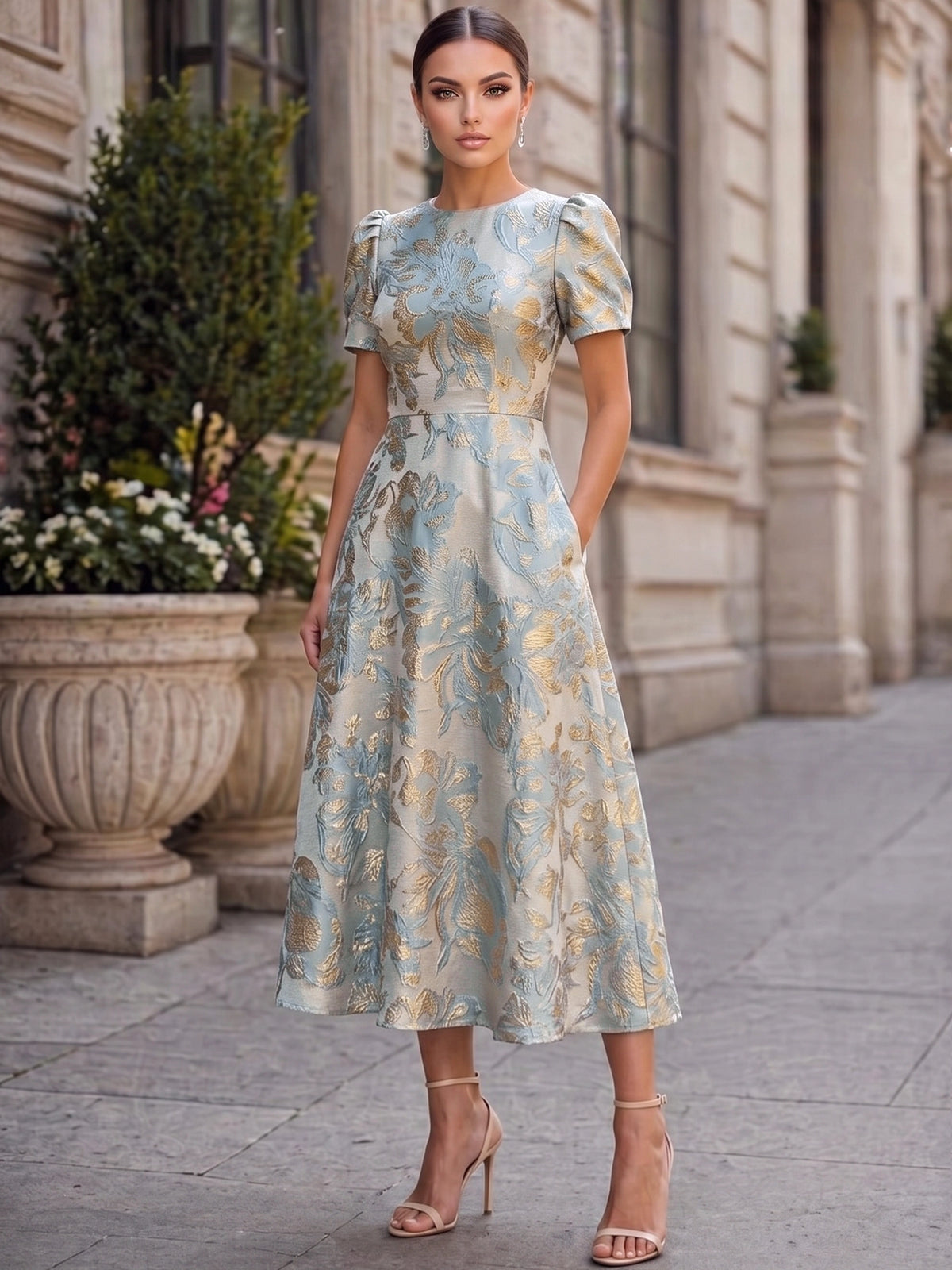A-Line Cocktail Dress Jacquard Satin Crew Neck Short Sleeves Formal Elegant Dress Ankle-Length Pockets Wedding Guest Dress
