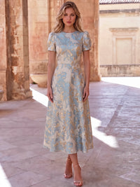 A-Line Cocktail Dress Jacquard Satin Crew Neck Short Sleeves Formal Elegant Dress Ankle-Length Pockets Wedding Guest Dress
