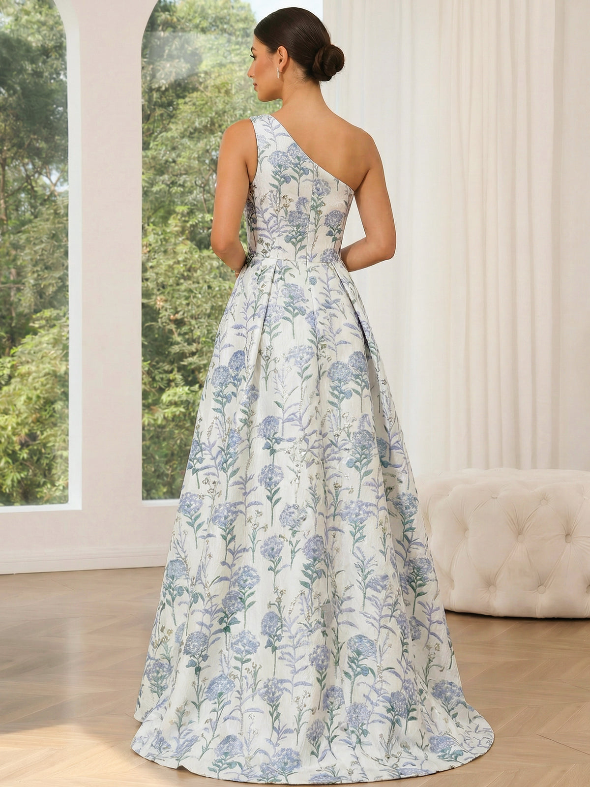 A-Line Prom Dress Simple Jacquard Floral Prom Dress Floor Length Sleeveless One-Shoulder