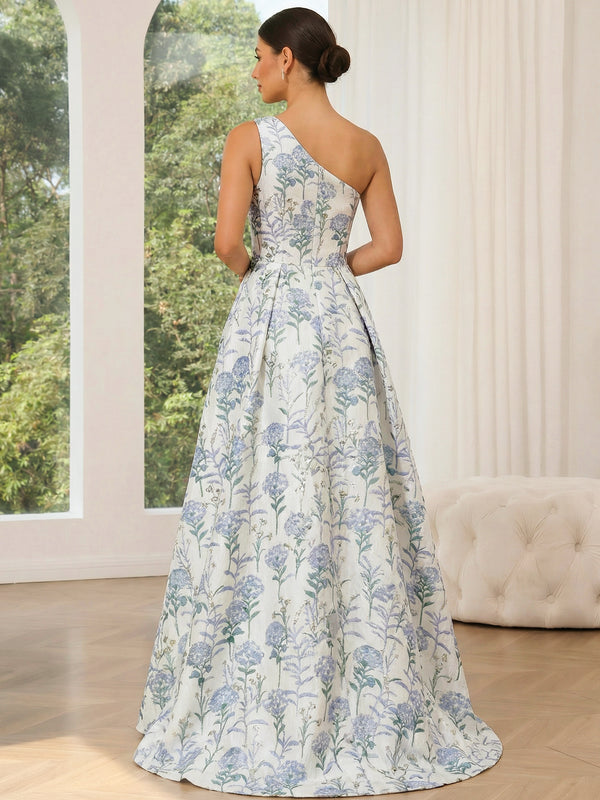 A-Line Prom Dress Simple Jacquard Floral Prom Dress Floor Length Sleeveless One-Shoulder