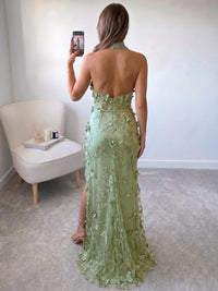 A Line/Princesses Evening Dresses Appliques Chiffon Halter Neck Sleeveless Floor-Length Side Slit Party