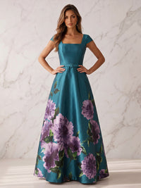 A-Line/Princess Evening Dresses Elegant Formal Dresses Printed Satin Square Neck Short Sleeves Floor-Length Sash Zipper Floral Dresses