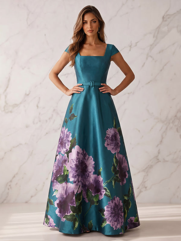 A-Line/Princess Evening Dresses Elegant Formal Dresses Printed Satin Square Neck Short Sleeves Floor-Length Sash Zipper Floral Dresses