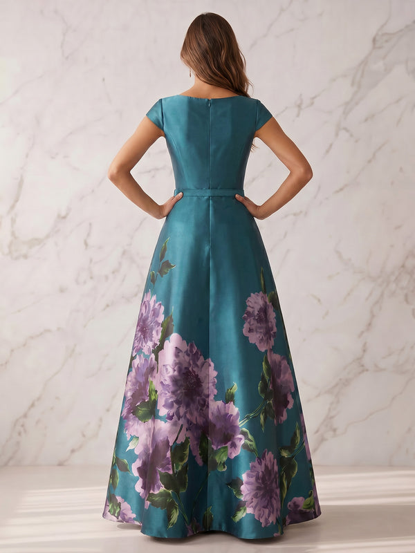 A-Line/Princess Evening Dresses Elegant Formal Dresses Printed Satin Square Neck Short Sleeves Floor-Length Sash Zipper Floral Dresses