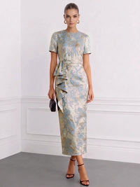 Sheath Cocktail Dress Jacquard Satin Crew Neck Short Sleeves Formal Elegant Dress Ankle-Length Wedding Guest Dress With Ruffles