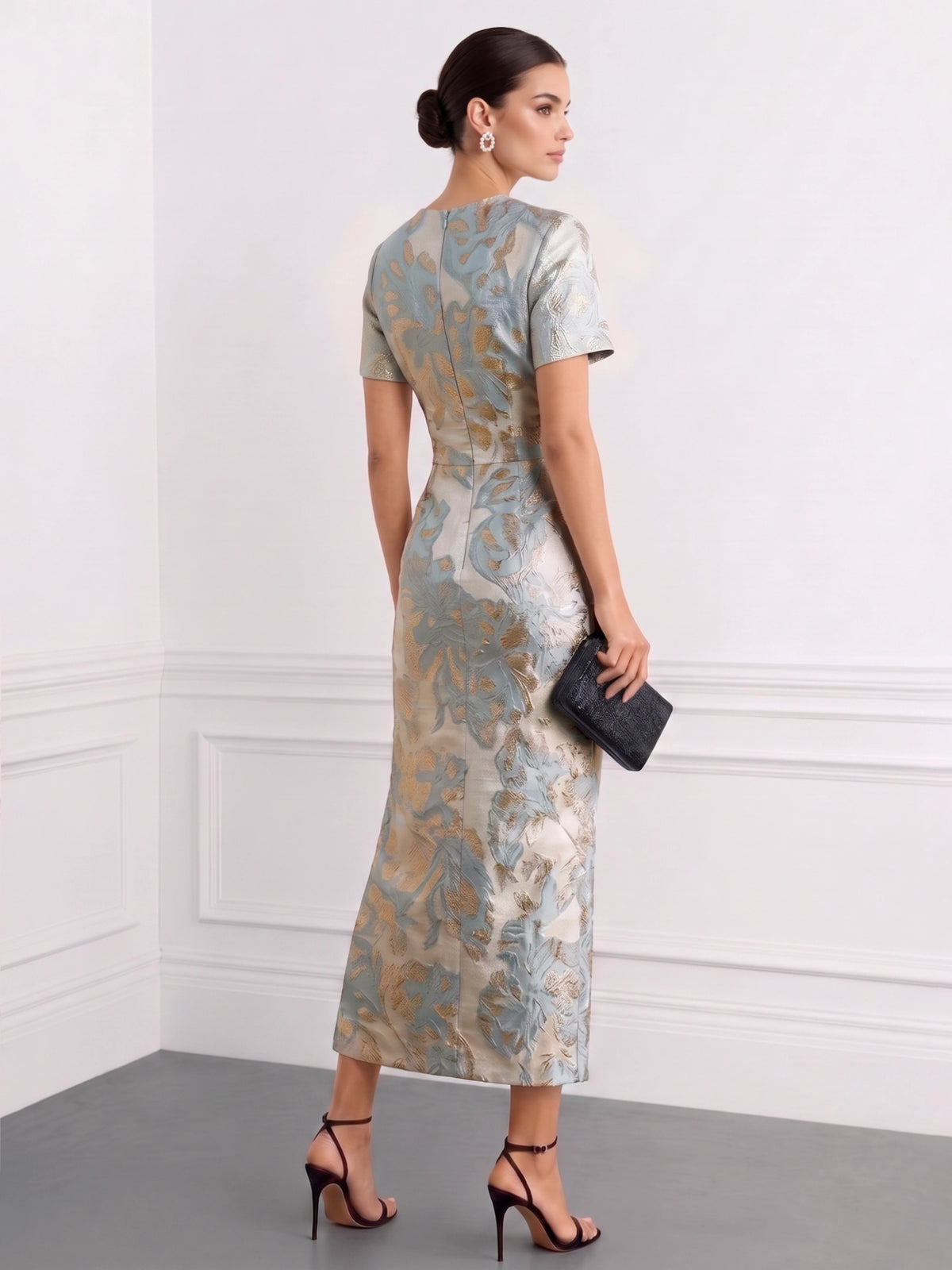Sheath Cocktail Dress Jacquard Satin Crew Neck Short Sleeves Formal Elegant Dress Ankle-Length Wedding Guest Dress With Ruffles