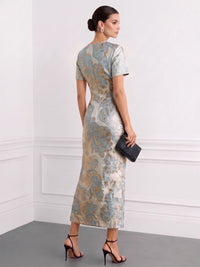 Sheath Cocktail Dress Jacquard Satin Crew Neck Short Sleeves Formal Elegant Dress Ankle-Length Wedding Guest Dress With Ruffles